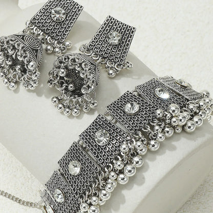 Retro Bell Metal Plating Inlay Artificial Diamond Silver Plated Women's Earrings Necklace