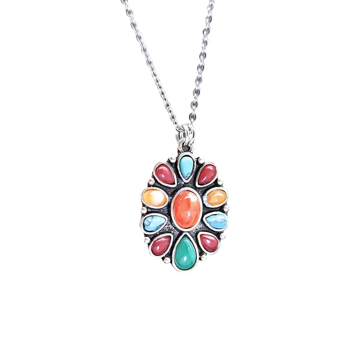 Alloy Retro Bohemian Classic Style Inlay Oval Turquoise Pendant Necklace