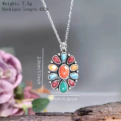 Alloy Retro Bohemian Classic Style Inlay Oval Turquoise Pendant Necklace