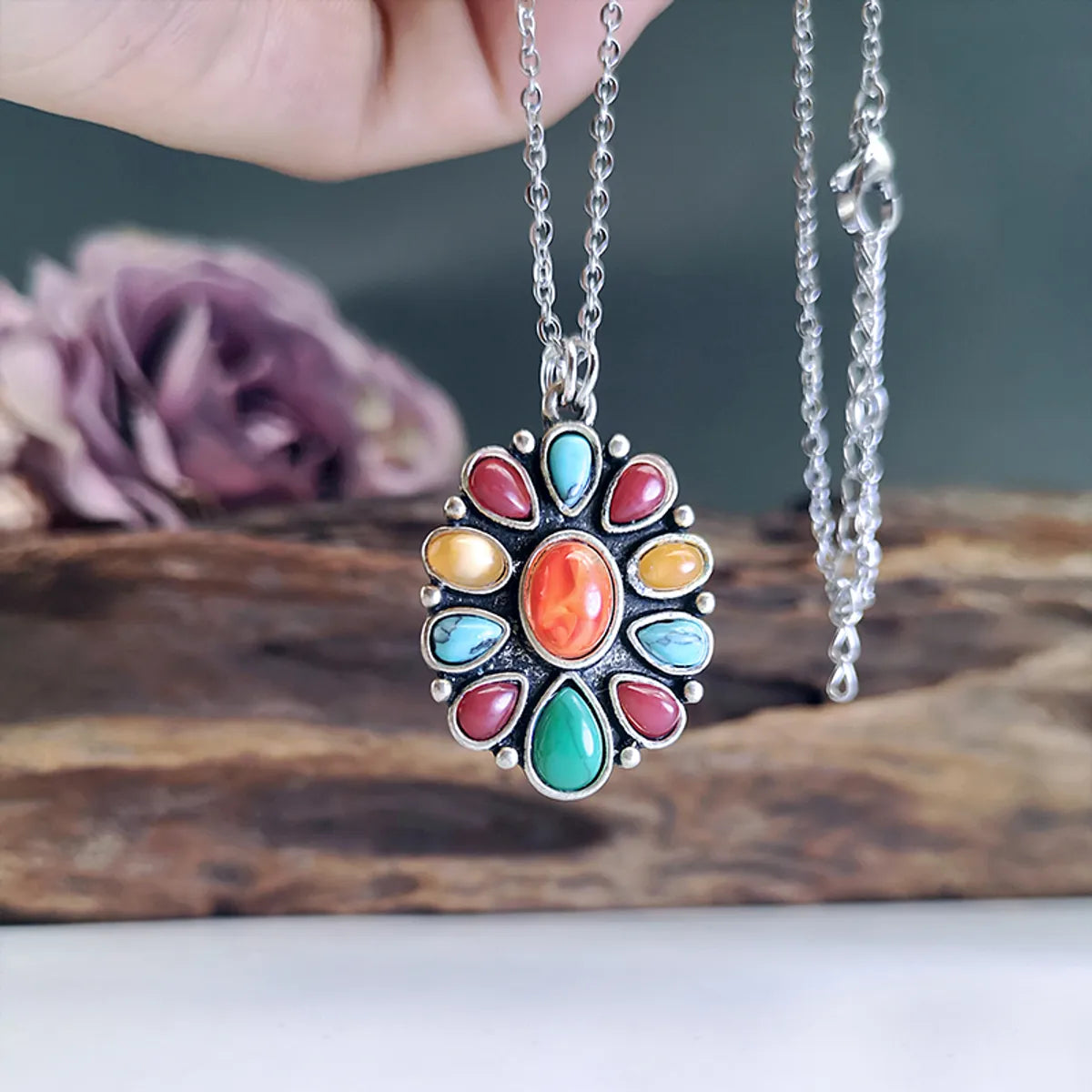 Alloy Retro Bohemian Classic Style Inlay Oval Turquoise Pendant Necklace