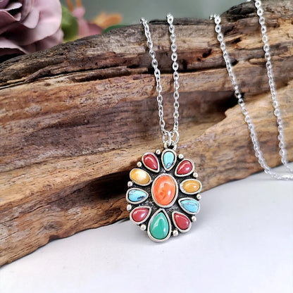 Alloy Retro Bohemian Classic Style Inlay Oval Turquoise Pendant Necklace