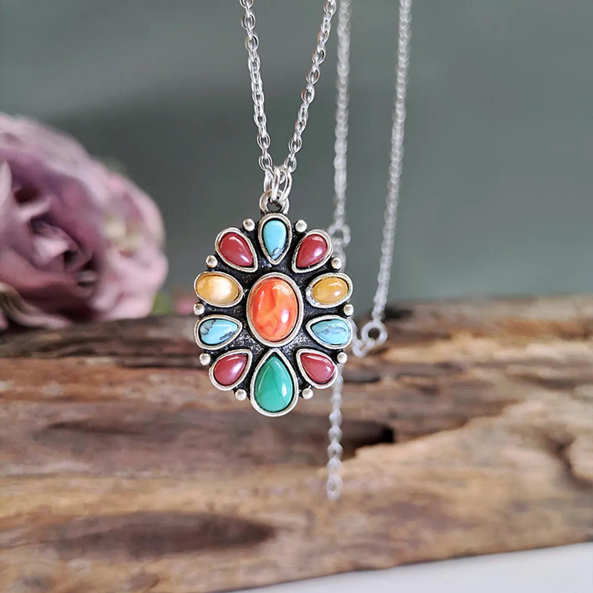 Alloy Retro Bohemian Classic Style Inlay Oval Turquoise Pendant Necklace