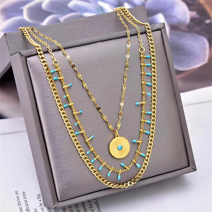 Retro Bohemian Geometric Eye Titanium Steel Plating Inlay Turquoise Layered Necklaces