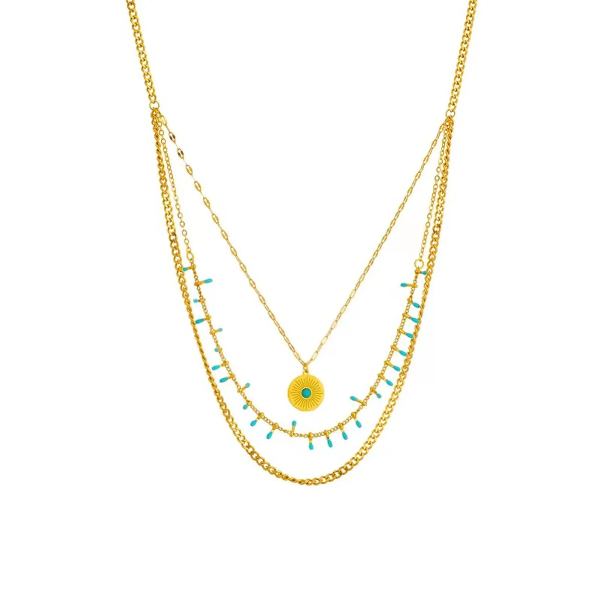 Retro Bohemian Geometric Eye Titanium Steel Plating Inlay Turquoise Layered Necklaces