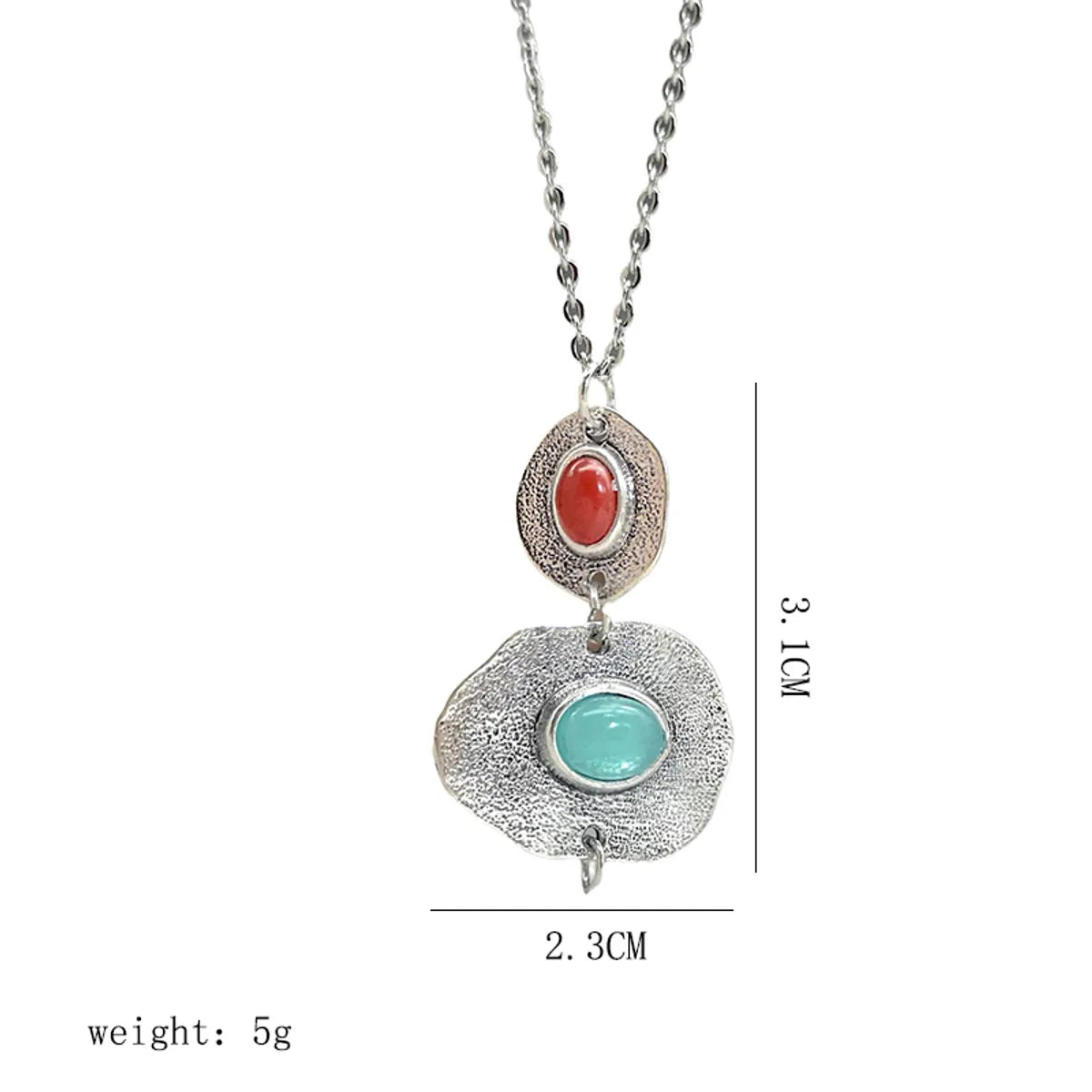 Retro Bohemian Oval Stainless Steel Alloy Plating Inlay Artificial Gemstones Silver Plated Pendant Necklace