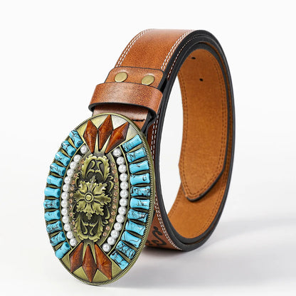 Retro Bohemian Solid Color Pu Leather Inlay Turquoise Unisex Leather Belts