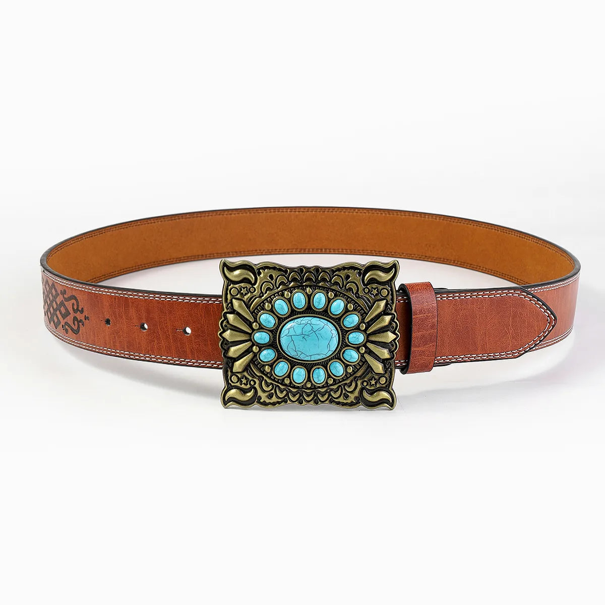 Retro Bohemian Solid Color Pu Leather Inlay Turquoise Unisex Leather Belts