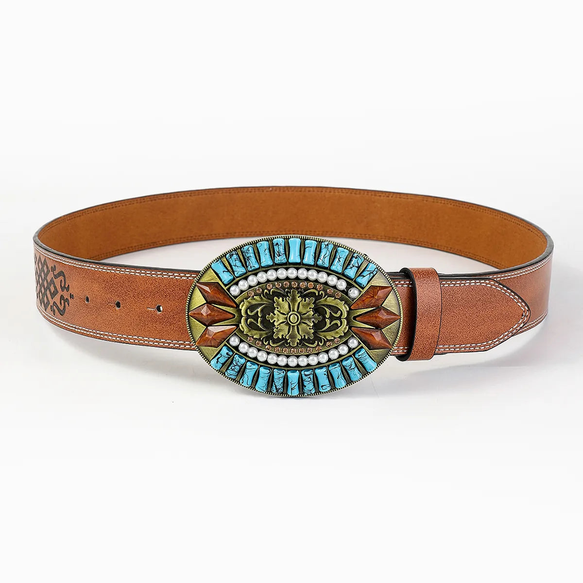 Retro Bohemian Solid Color Pu Leather Inlay Turquoise Unisex Leather Belts