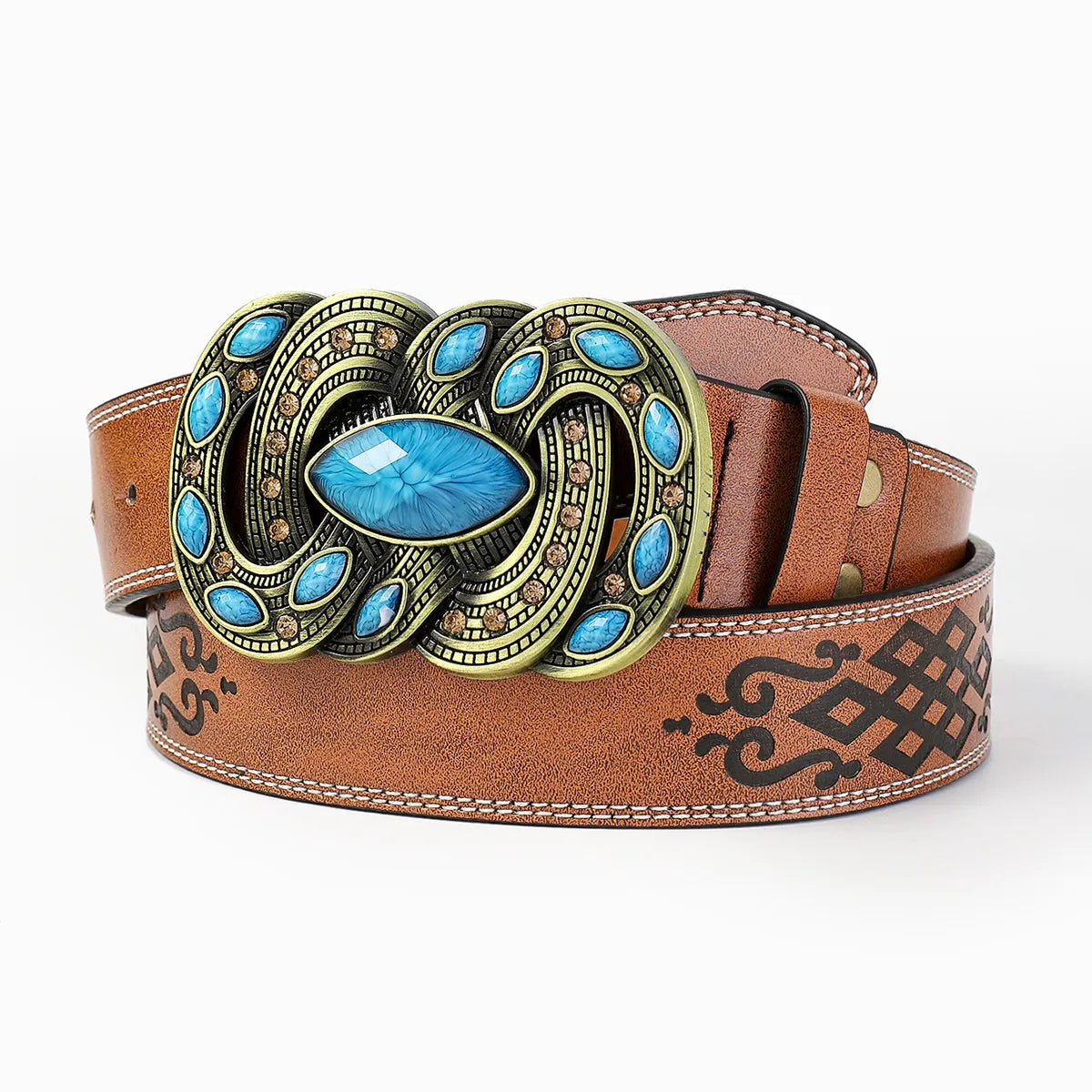 Retro Bohemian Solid Color Pu Leather Inlay Turquoise Unisex Leather Belts