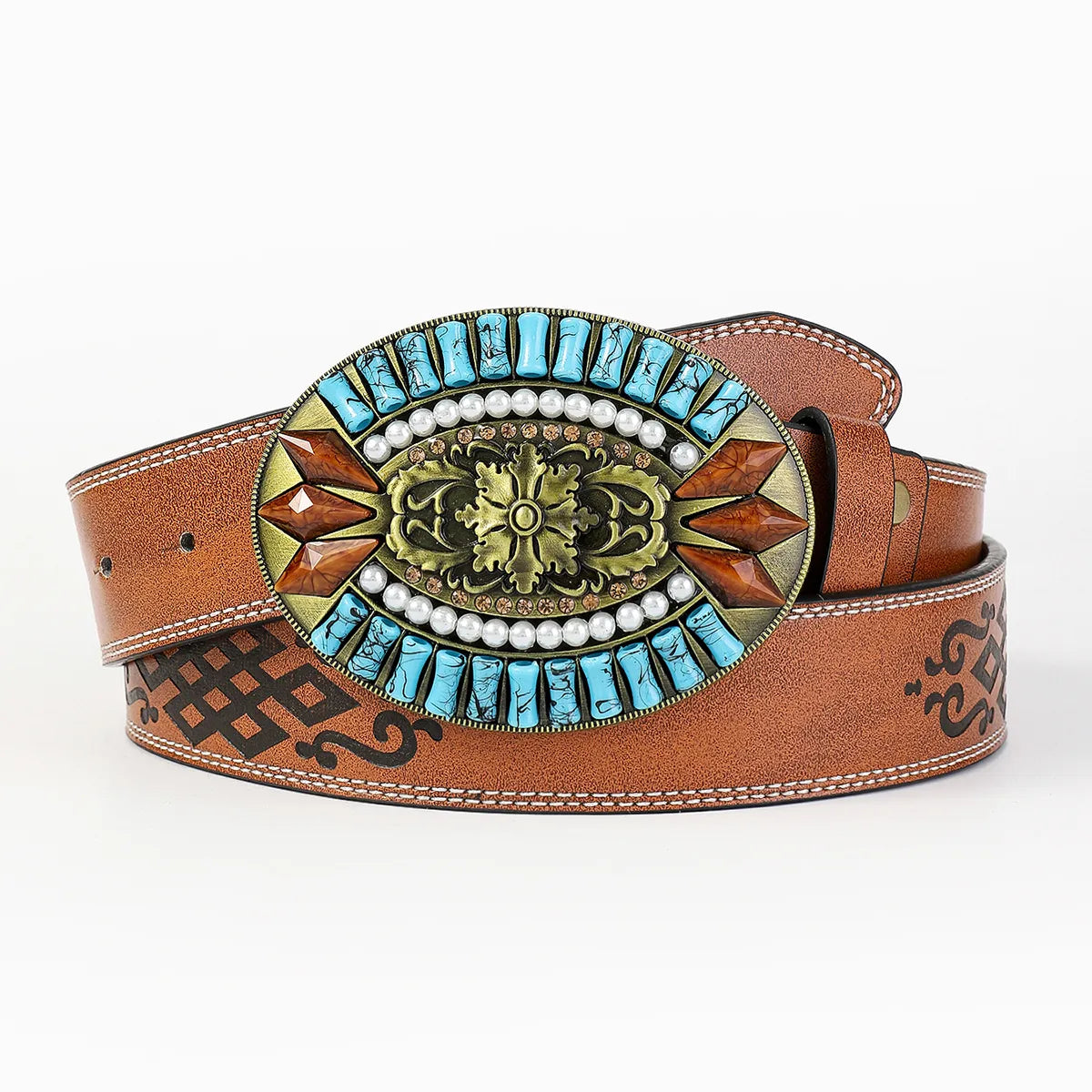 Retro Bohemian Solid Color Pu Leather Inlay Turquoise Unisex Leather Belts