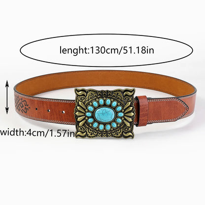 Retro Bohemian Solid Color Pu Leather Inlay Turquoise Unisex Leather Belts