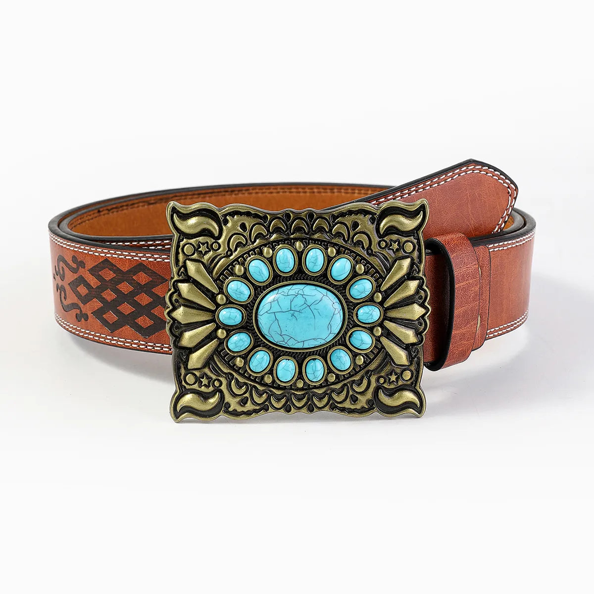 Retro Bohemian Solid Color Pu Leather Inlay Turquoise Unisex Leather Belts