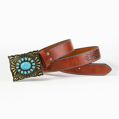 Retro Bohemian Solid Color Pu Leather Inlay Turquoise Unisex Leather Belts