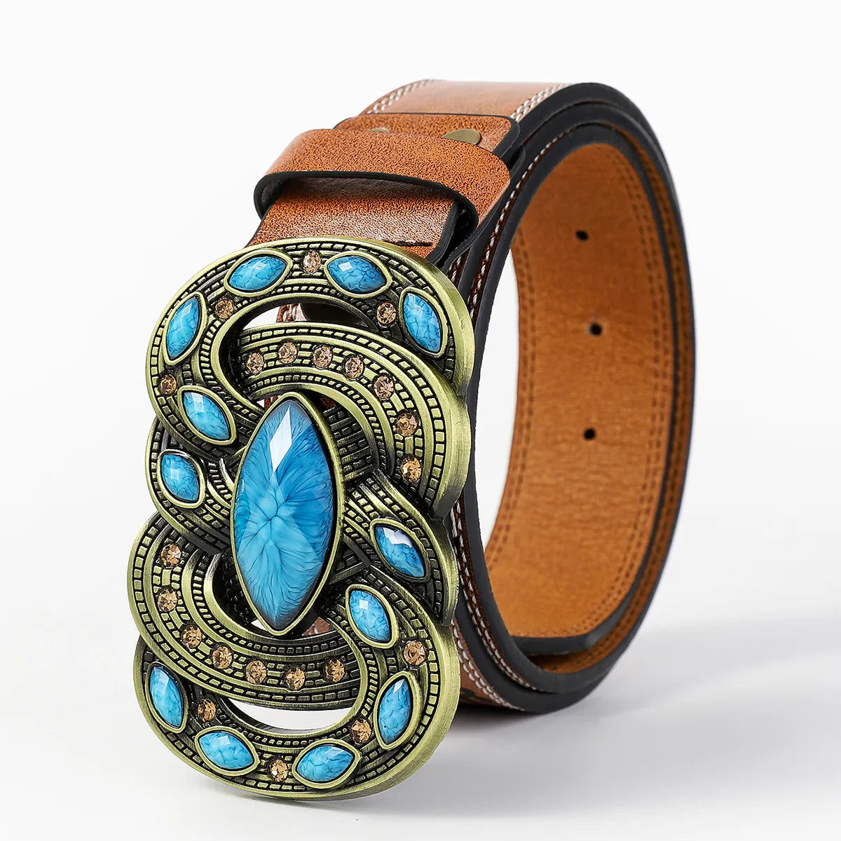 Retro Bohemian Solid Color Pu Leather Inlay Turquoise Unisex Leather Belts