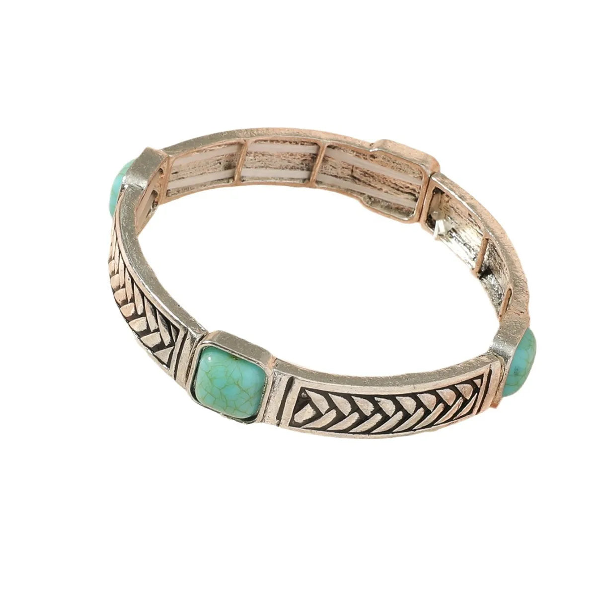 Retro Bohemian Square Alloy Plating Inlay Carving Turquoise Women'S Bangle