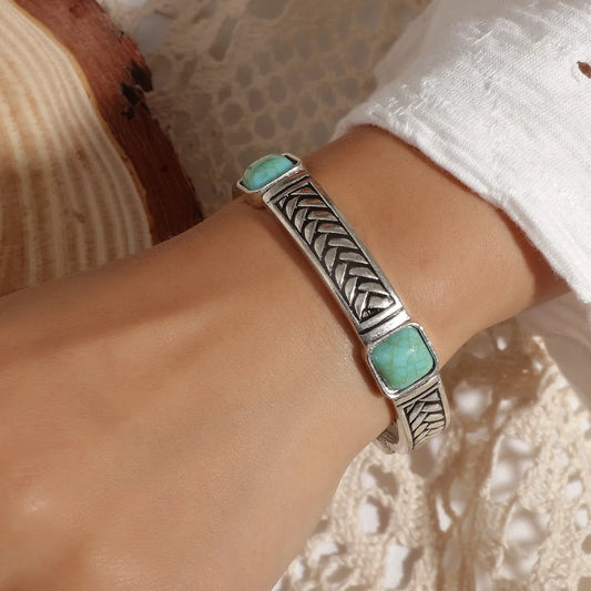 Retro Bohemian Square Alloy Plating Inlay Carving Turquoise Women'S Bangle