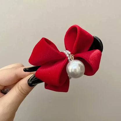 Retro Bow Knot Imitation Pearl Plastic Cloth Hair Claws