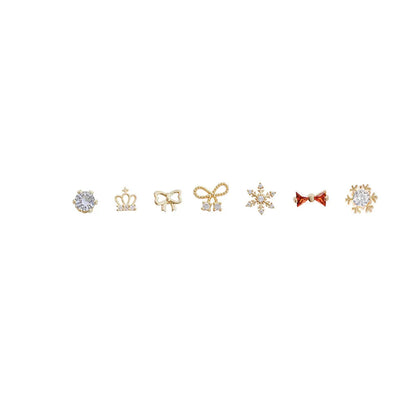 Retro Bow Knot Snowflake Copper Ear Studs Artificial Rhinestones Copper Earrings 3 Pairs