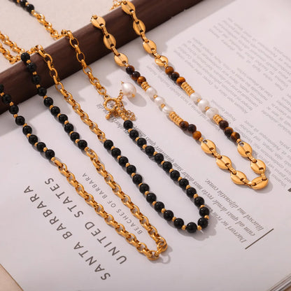 Retro British Style Geometric Agate Tiger Eye Titanium Steel Beaded 18K Gold Plated Unisex Sweater Chain Necklace