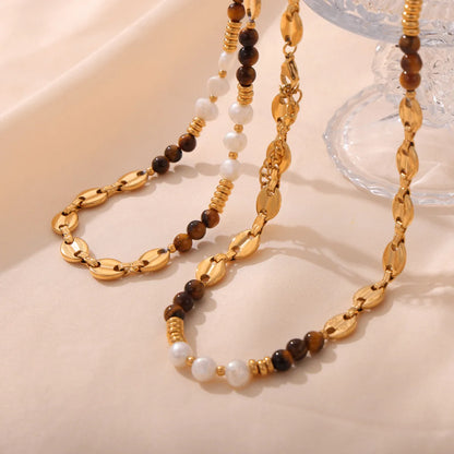 Retro British Style Geometric Agate Tiger Eye Titanium Steel Beaded 18K Gold Plated Unisex Sweater Chain Necklace