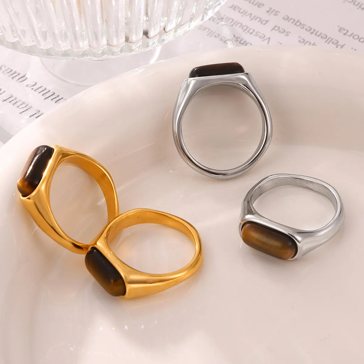 Retro British Style Oval Tiger Eye Titanium Steel 18K Gold Plated Tiger Eye Rings In Bulk