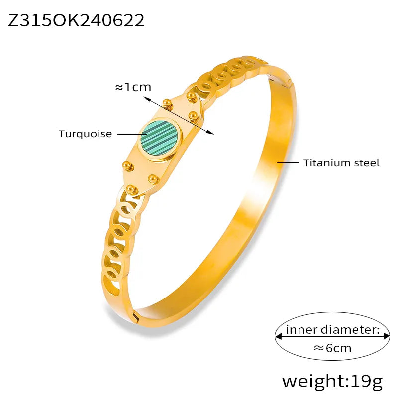 Retro British Style Round 304 Stainless Steel Arylic Shell 18K Gold Plated Acrylic Malachite Shell Bangle In Bulk