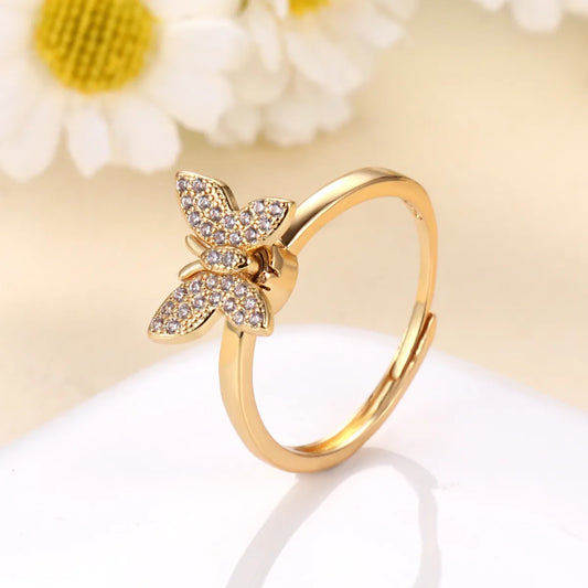 Retro Butterfly Brass Plating Inlay Zircon 24k Gold Plated Rings