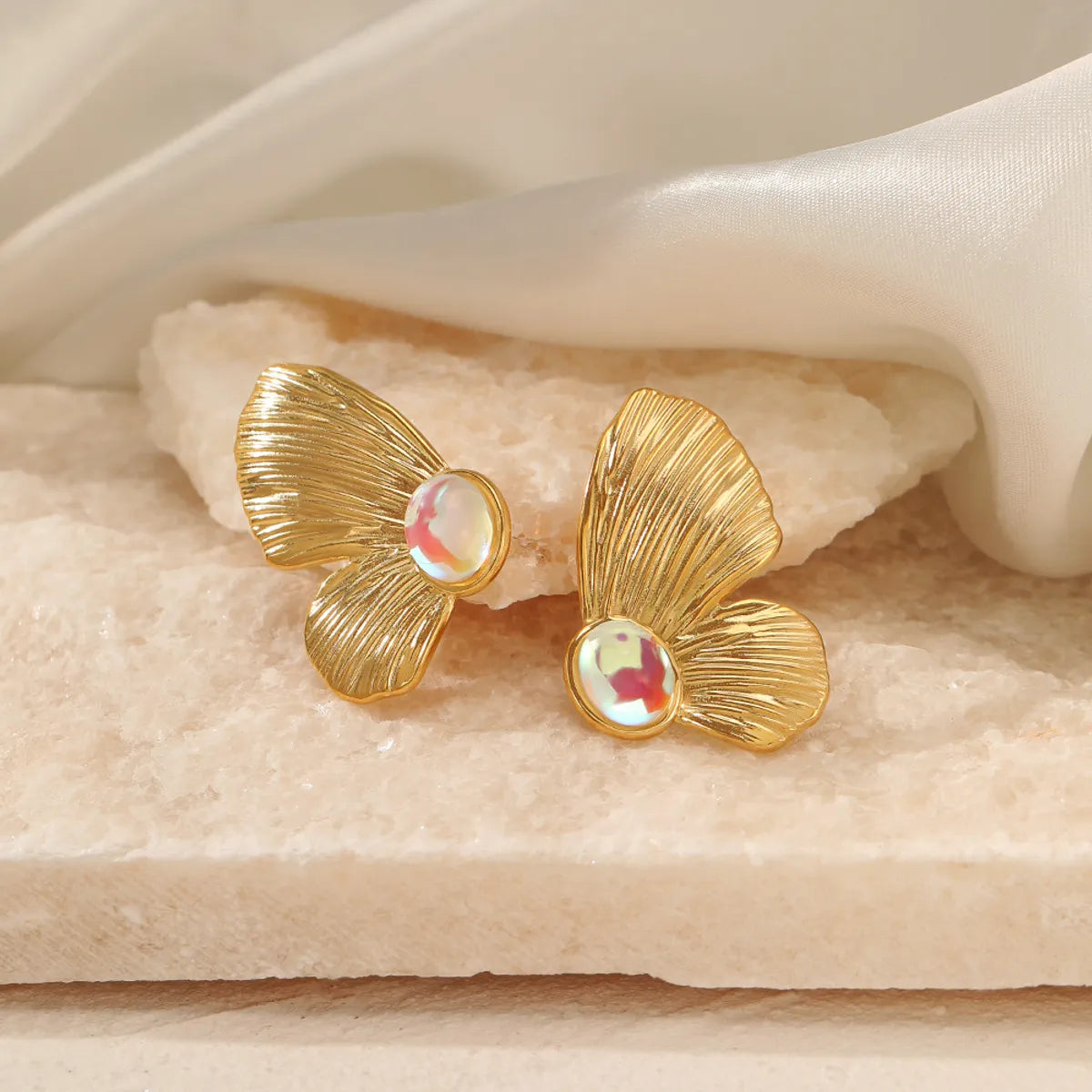 Retro Butterfly Stainless Steel Inlay Artificial Gemstones Ear Studs 1 Pair