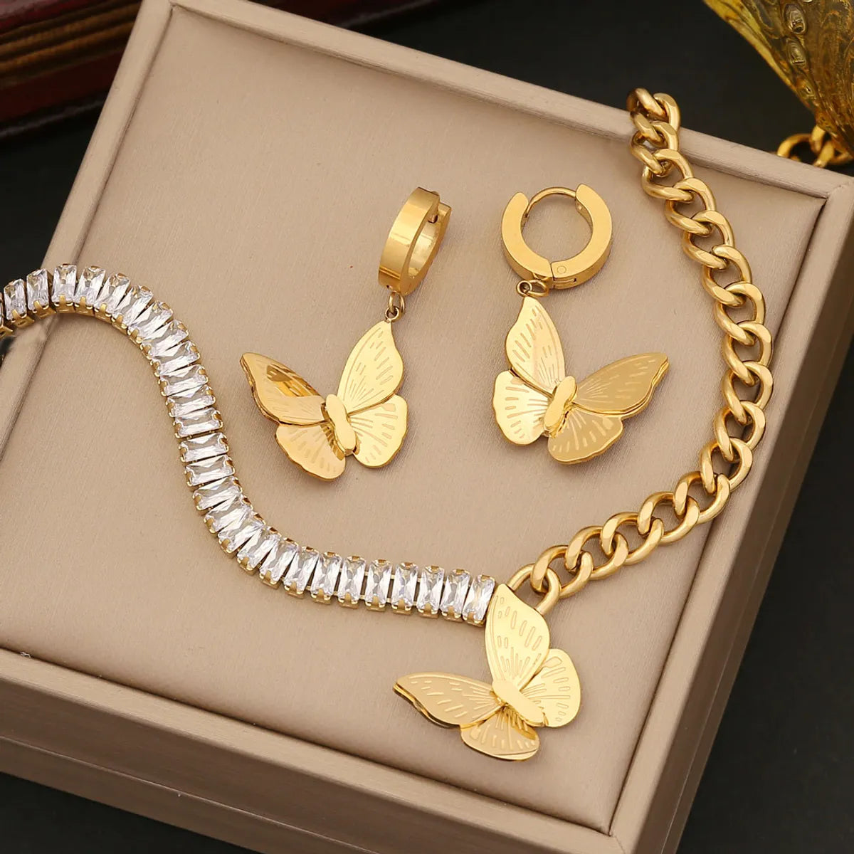 Stainless Steel 18K Gold Plated Retro Plating Butterfly Bracelets Earrings Necklace