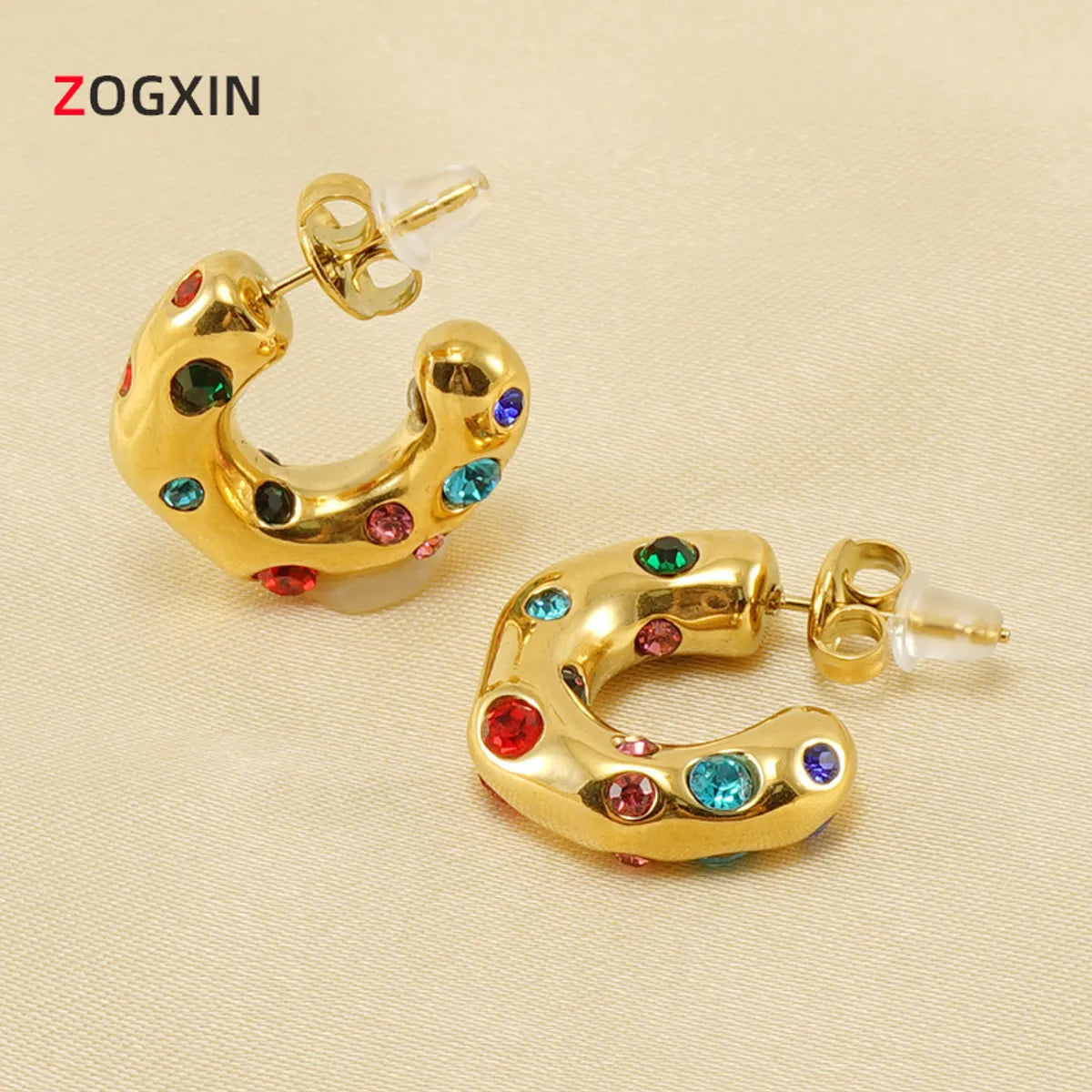 1 Pair Retro C Shape Irregular Titanium Steel Zircon Earrings