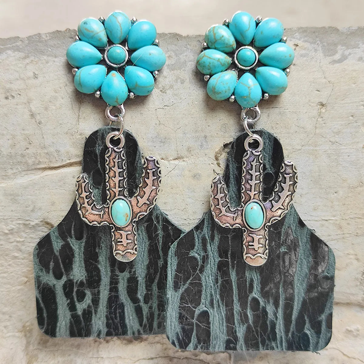 Retro Cactus Flower Pu Leather Alloy Inlay Turquoise Women's Drop Earrings 1 Pair