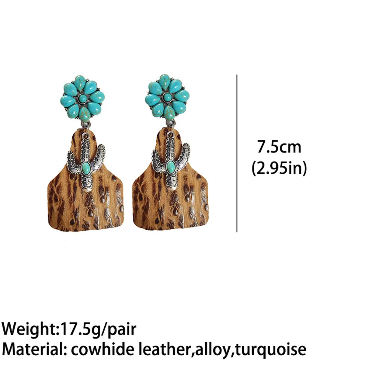 Retro Cactus Flower Pu Leather Alloy Inlay Turquoise Women's Drop Earrings 1 Pair