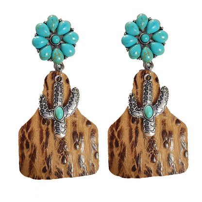 Retro Cactus Flower Pu Leather Alloy Inlay Turquoise Women's Drop Earrings 1 Pair