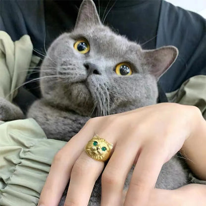 Retro Cat Copper Rings Plating Artificial Gemstones Copper Rings