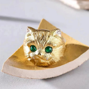 Retro Cat Copper Rings Plating Artificial Gemstones Copper Rings