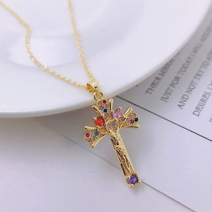 Retro Catholic Virgin Mary Jesus Cross Pendant Copper Zircon Clavicle Chain