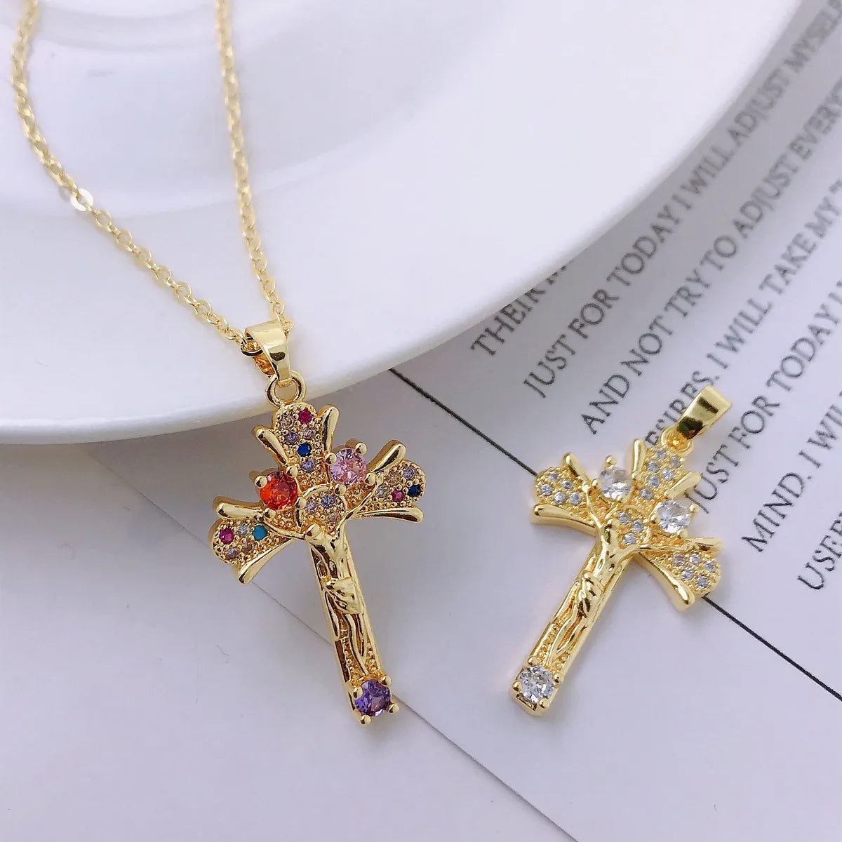 Retro Catholic Virgin Mary Jesus Cross Pendant Copper Zircon Clavicle Chain