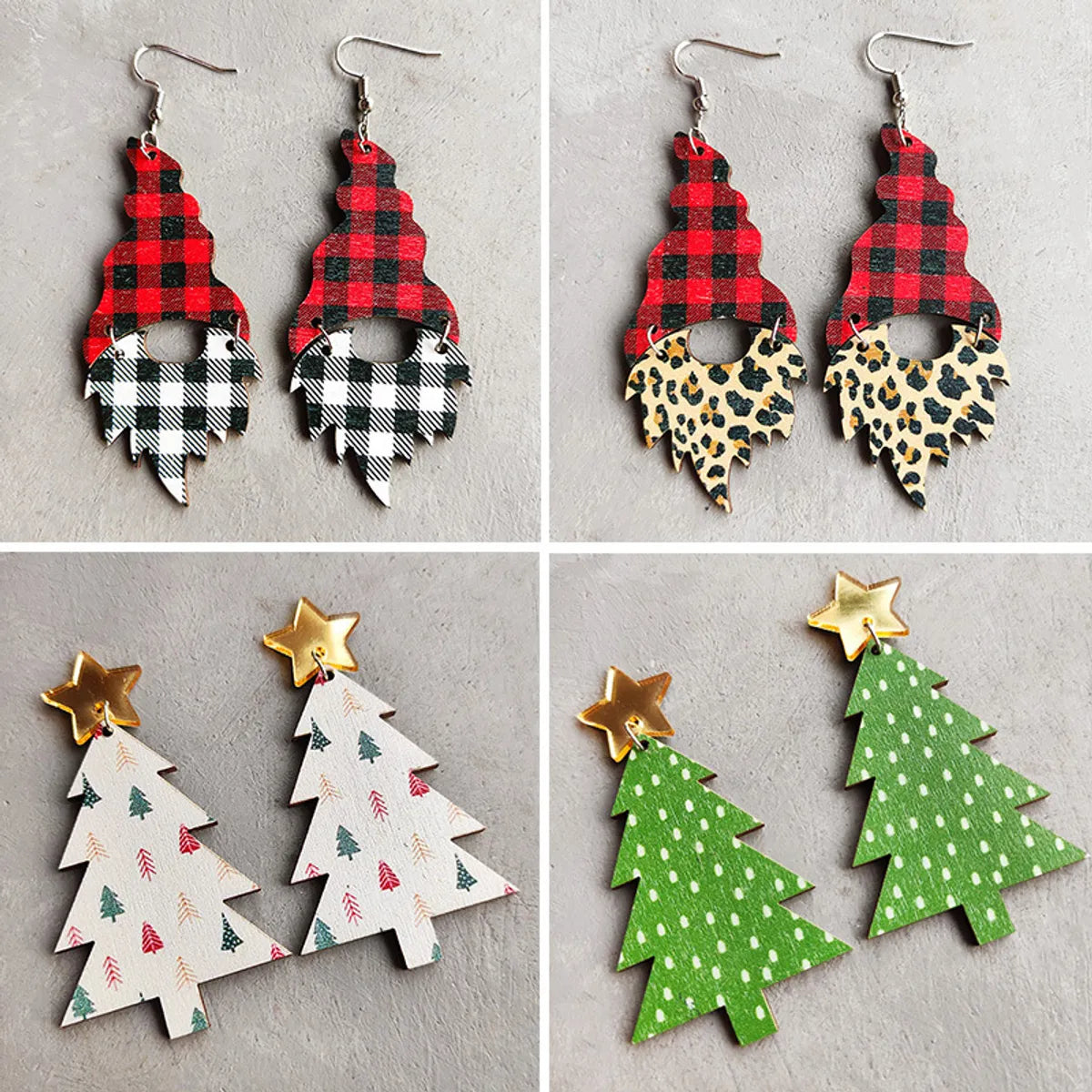 Retro Christmas Tree Plaid Leopard Wood Women's Drop Earrings 1 Pair