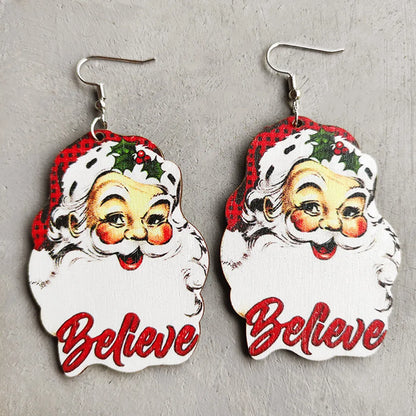 1 Pair Retro Christmas Tree Santa Claus Letter Wood Earrings