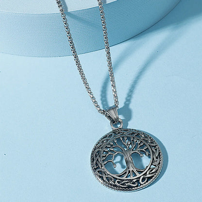 Retro Circle Hollow Tree Of Life Pendant Titanium Steel Necklace