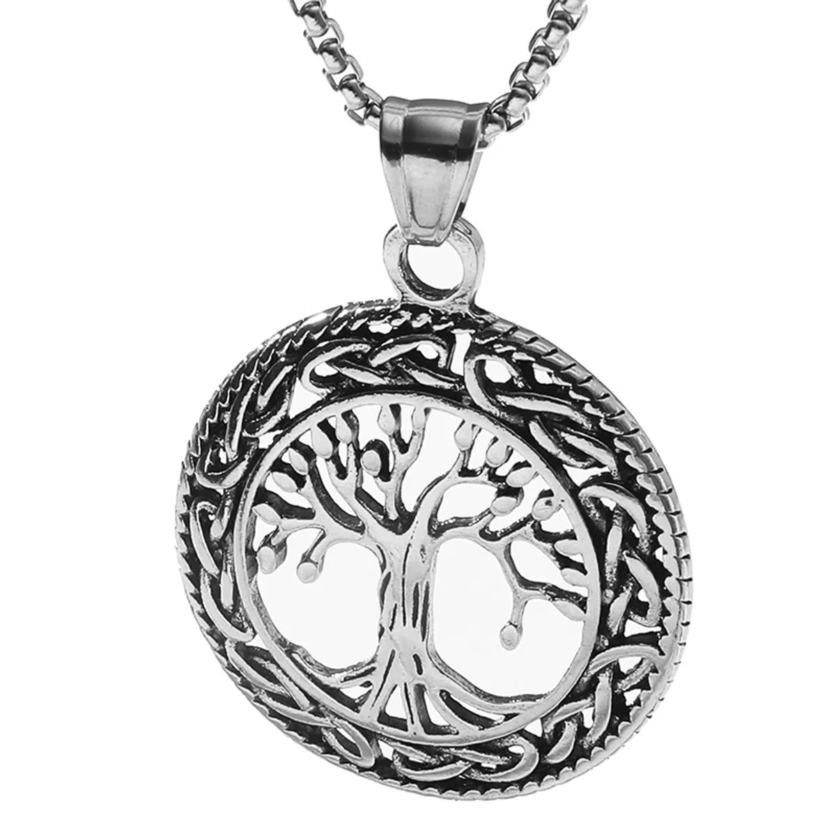 Retro Circle Hollow Tree Of Life Pendant Titanium Steel Necklace