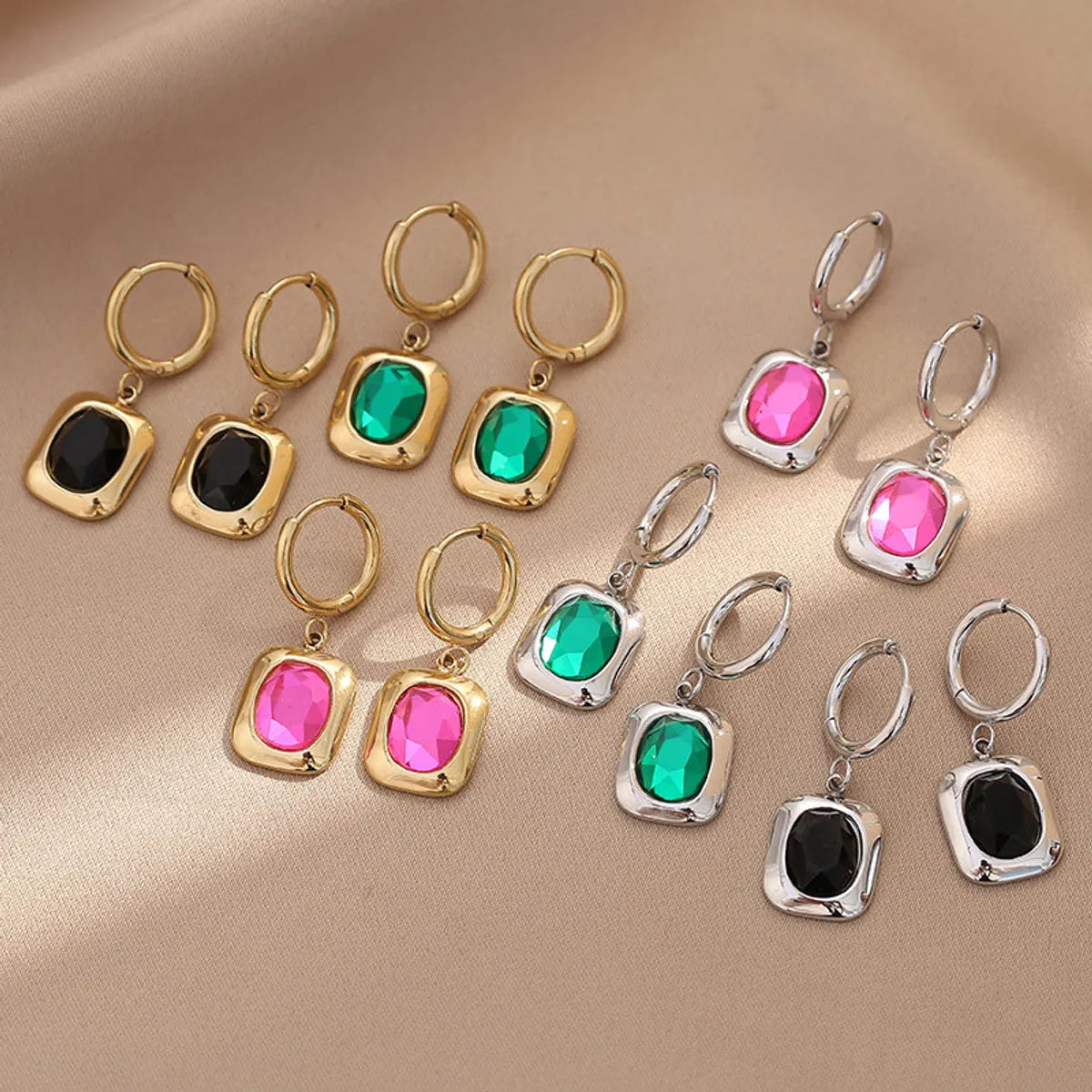 1 Pair Retro Circle Square Inlay 304 Stainless Steel Zircon White Gold Plated Gold Plated Drop Earrings