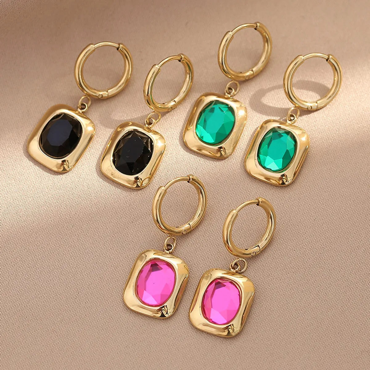 1 Pair Retro Circle Square Inlay 304 Stainless Steel Zircon White Gold Plated Gold Plated Drop Earrings