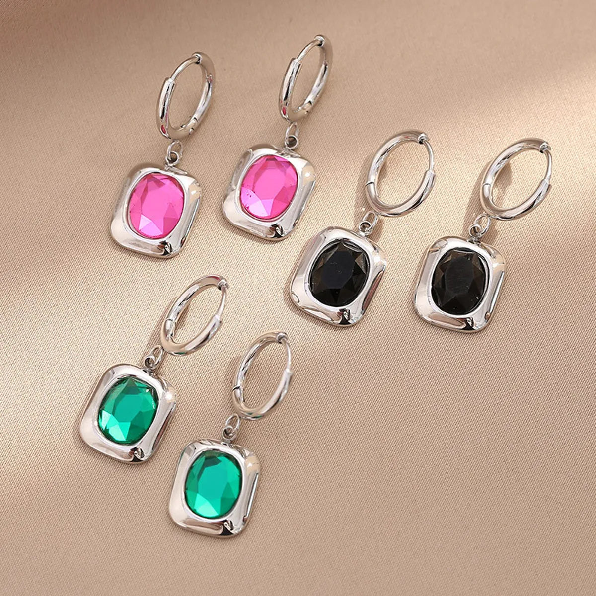 1 Pair Retro Circle Square Inlay 304 Stainless Steel Zircon White Gold Plated Gold Plated Drop Earrings