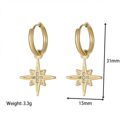 1 Pair Retro Circle Star Inlay Stainless Steel Zircon Drop Earrings