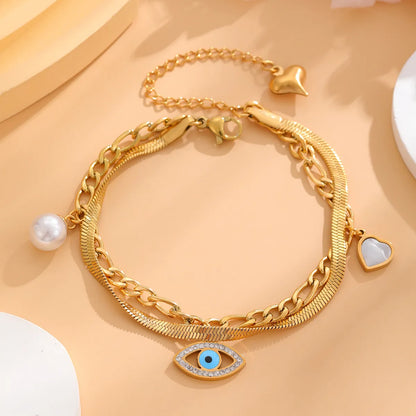 Retro Classic Style Four Leaf Clover Round Eye Titanium Steel Plating Inlay Resin Rhinestones Shell Gold Plated Bracelets