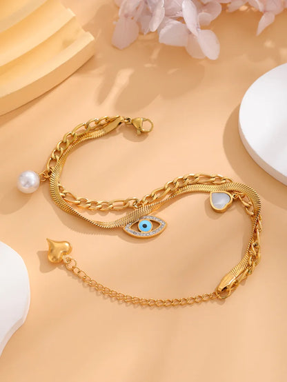 Retro Classic Style Four Leaf Clover Round Eye Titanium Steel Plating Inlay Resin Rhinestones Shell Gold Plated Bracelets