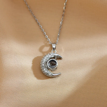 Retro Classic Style Moon Titanium Steel Copper Inlay Zircon Pendant Necklace