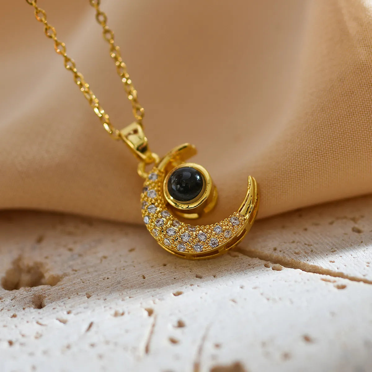 Retro Classic Style Moon Titanium Steel Copper Inlay Zircon Pendant Necklace