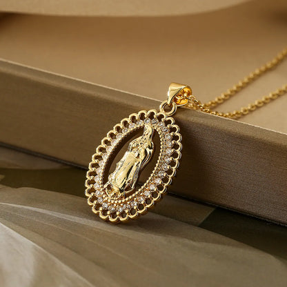 Retro Classic Style Oval Copper Plating Inlay Zircon 18k Gold Plated Pendant Necklace